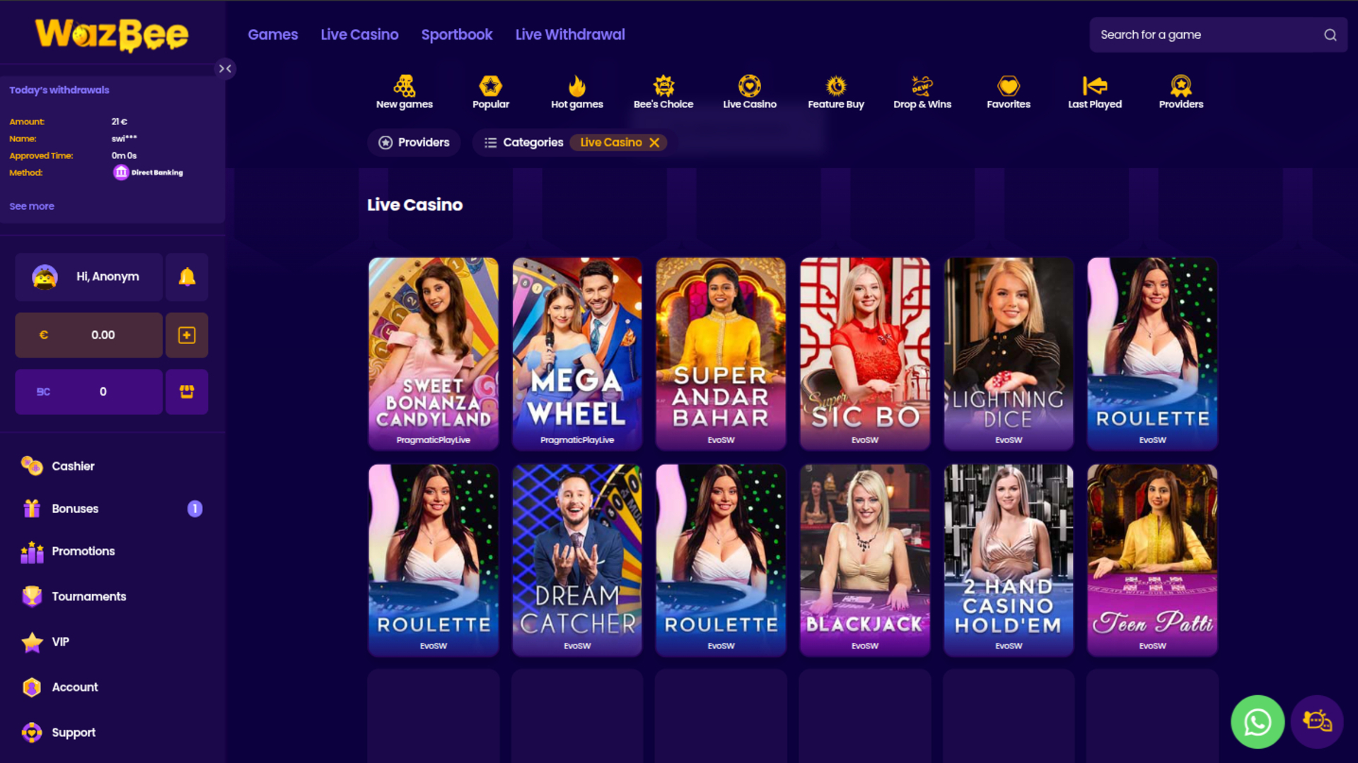 Wazbee Casino Desktop Live Dealer