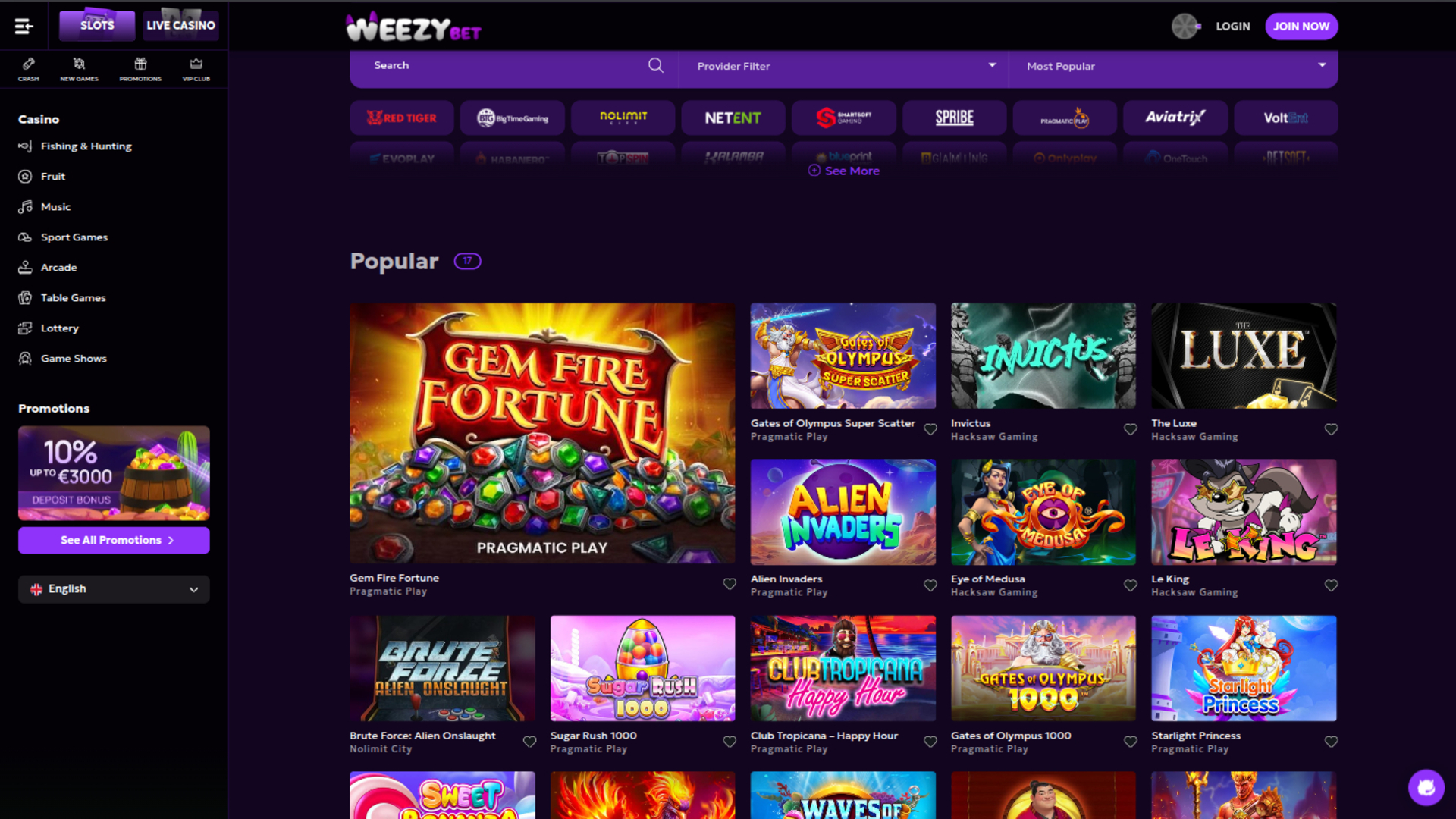 WeezyBet Casino Games Desktop
