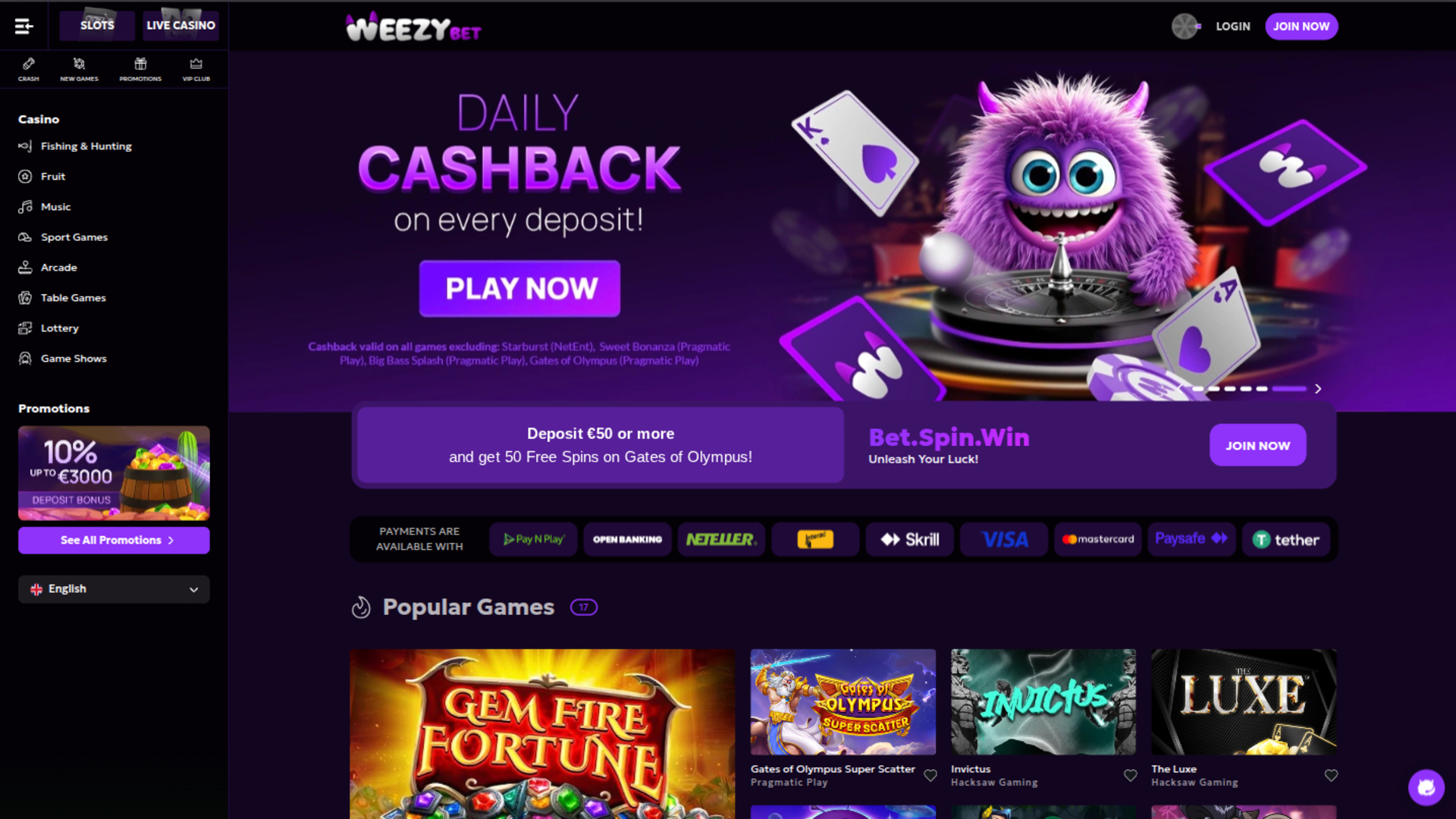 WeezyBet Casino Homepage Desktop