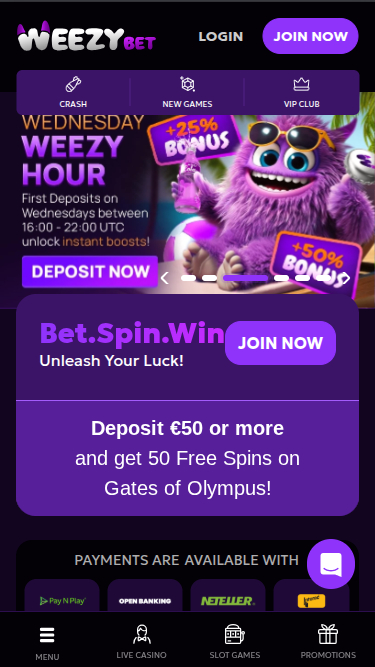 WeezyBet Casino Homepage Mobile