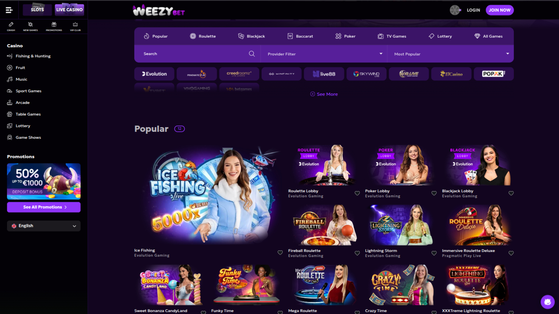 WeezyBet Casino Live Dealer Desktop