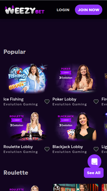 WeezyBet Casino Live Dealer Mobile