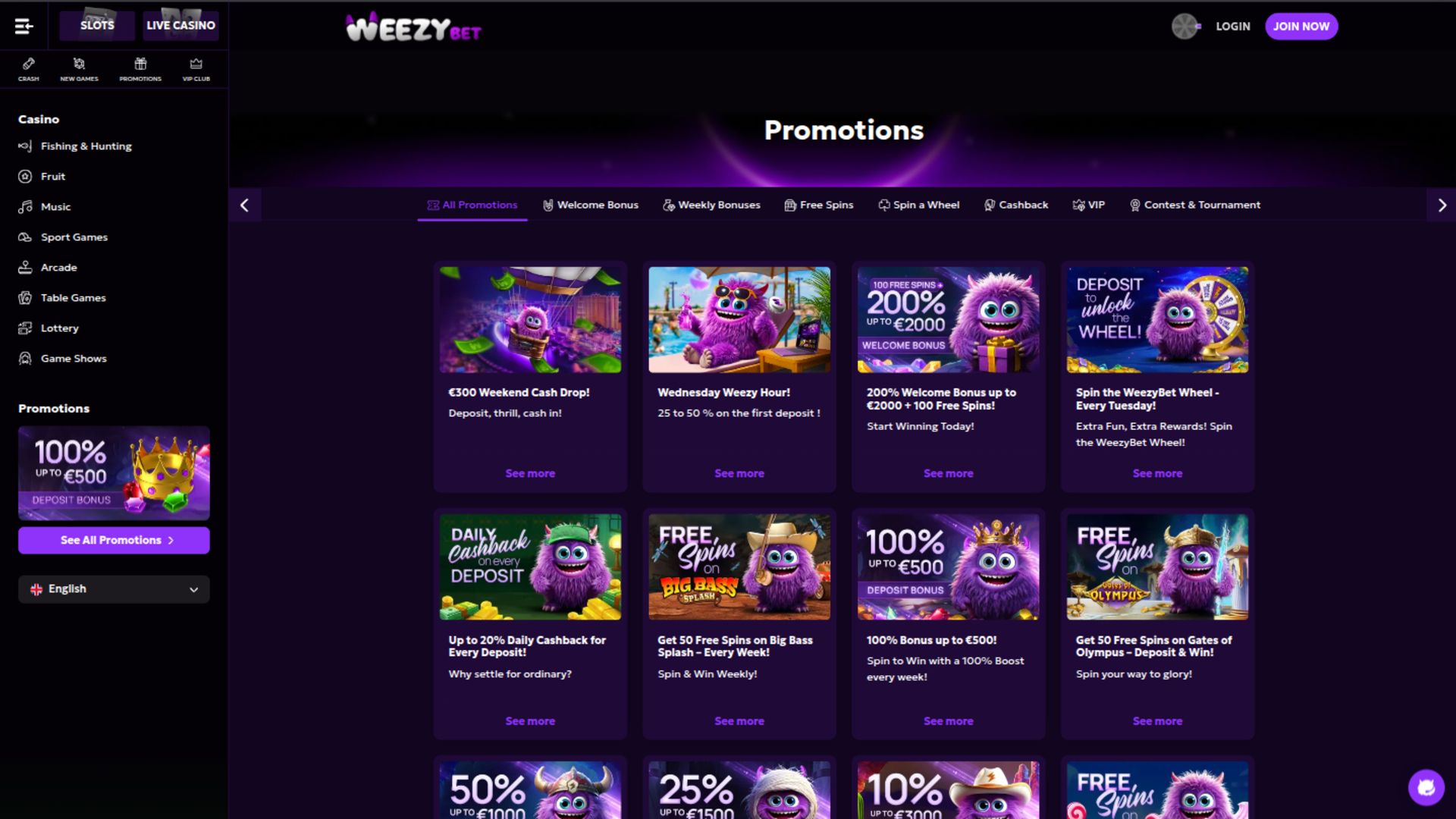 WeezyBet Casino Promotions Desktop