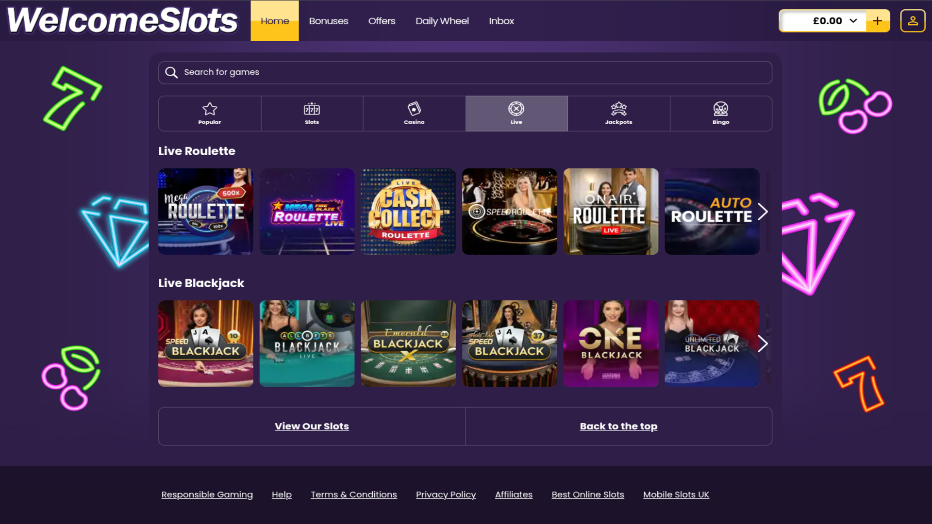 Welcome Slots Casino Live Dealer Desktop