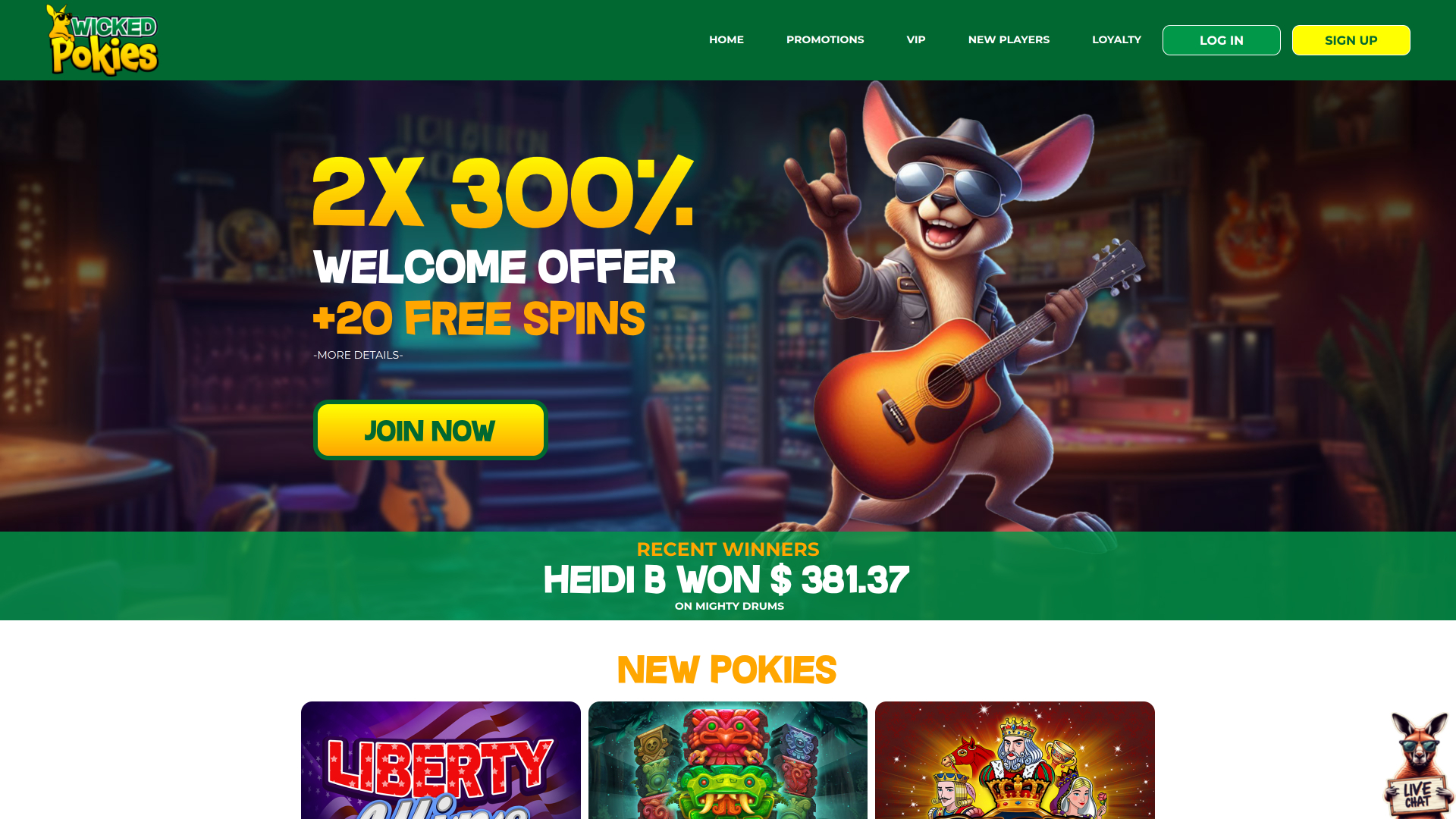 Wicked Pokies Casino Homepage Desktop