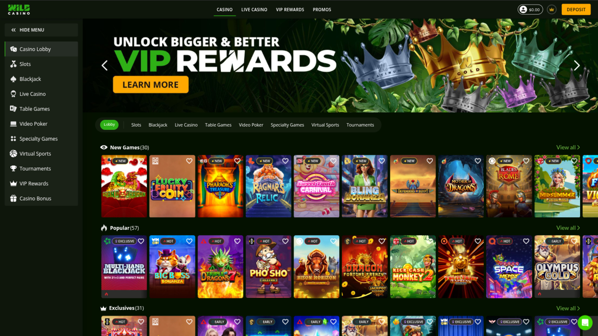 Wild Casino Desktop Homepage