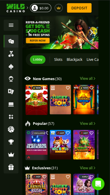 Wild Casino Mobile Homepage