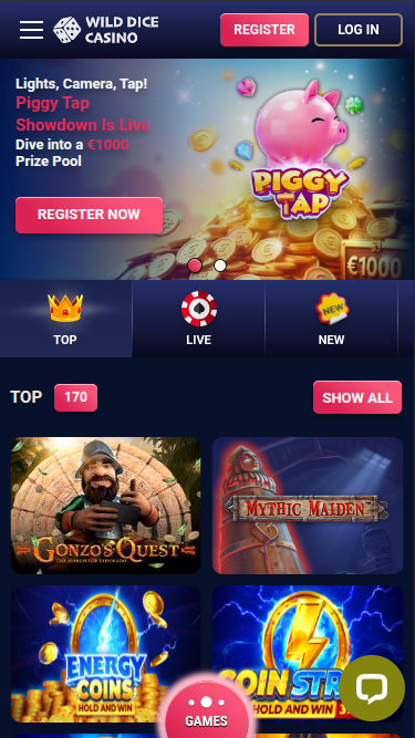 Wild Dice Casino Mobile Homepage