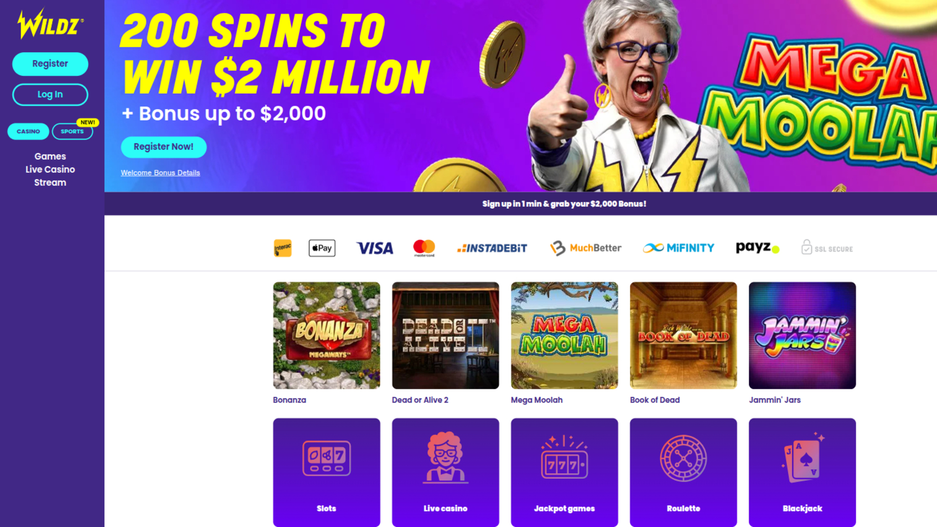 Wildz Casino Desktop-Startseite