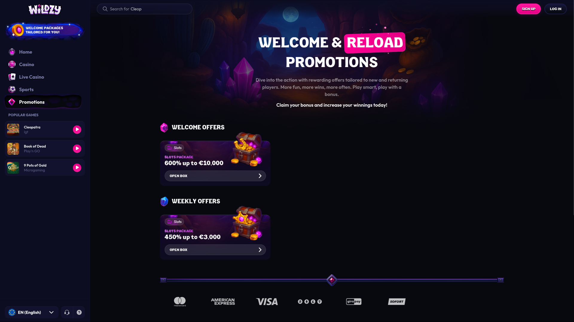 Wildzy Casino Desktop Promotions