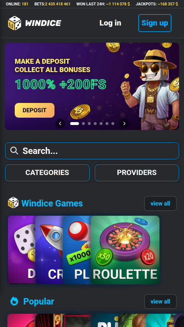 WinDice Casino Mobile Homepage
