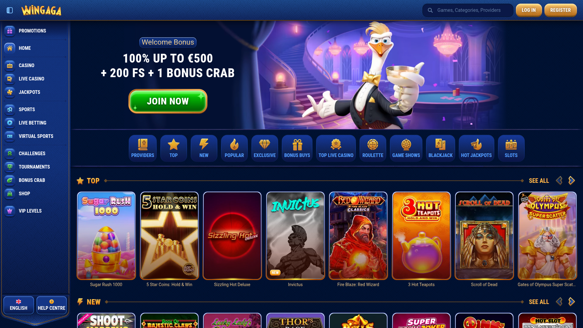 WinGaga Casino Desktop Homepage