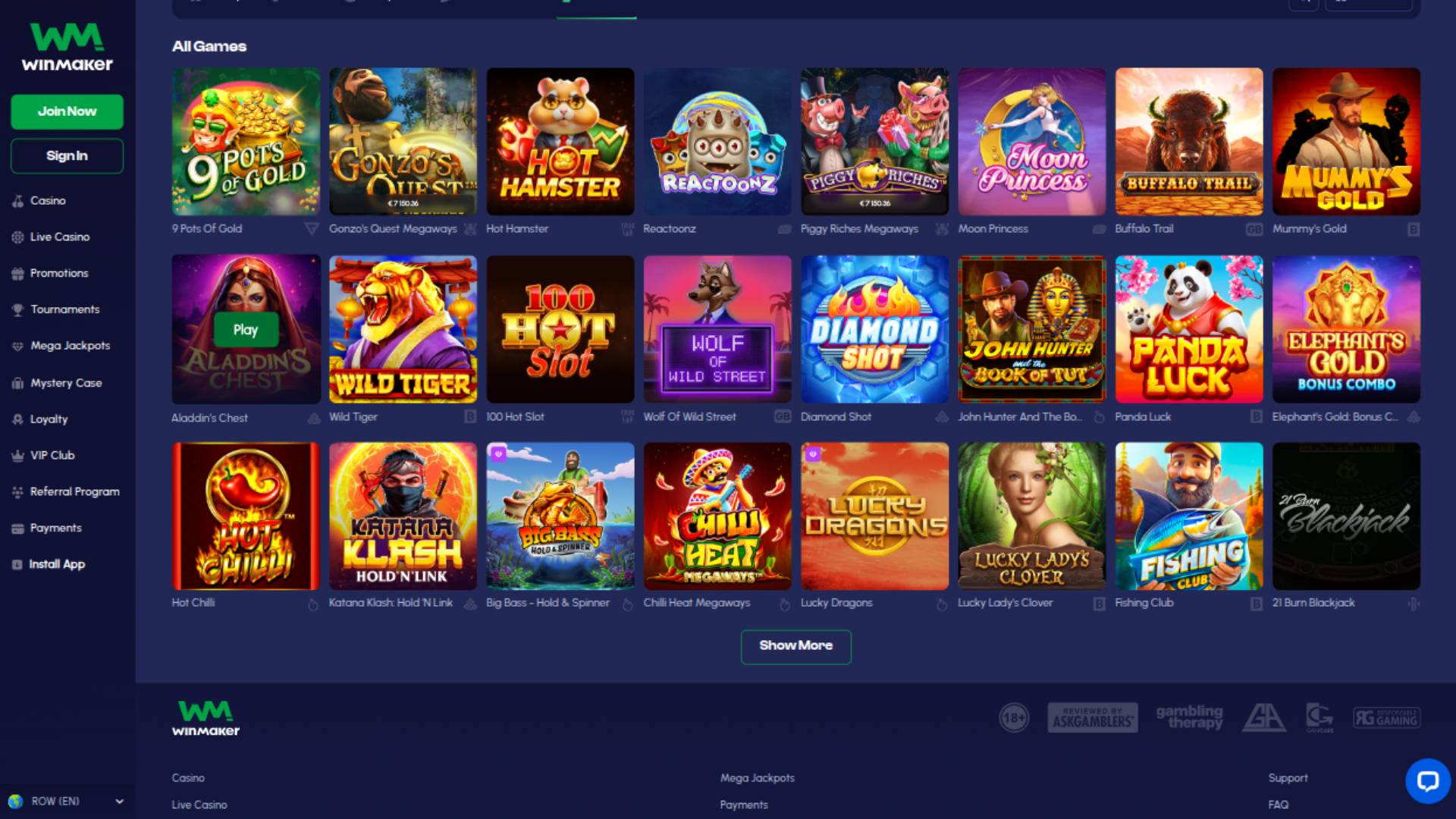 Games page screenshot of Winmaker Casino 