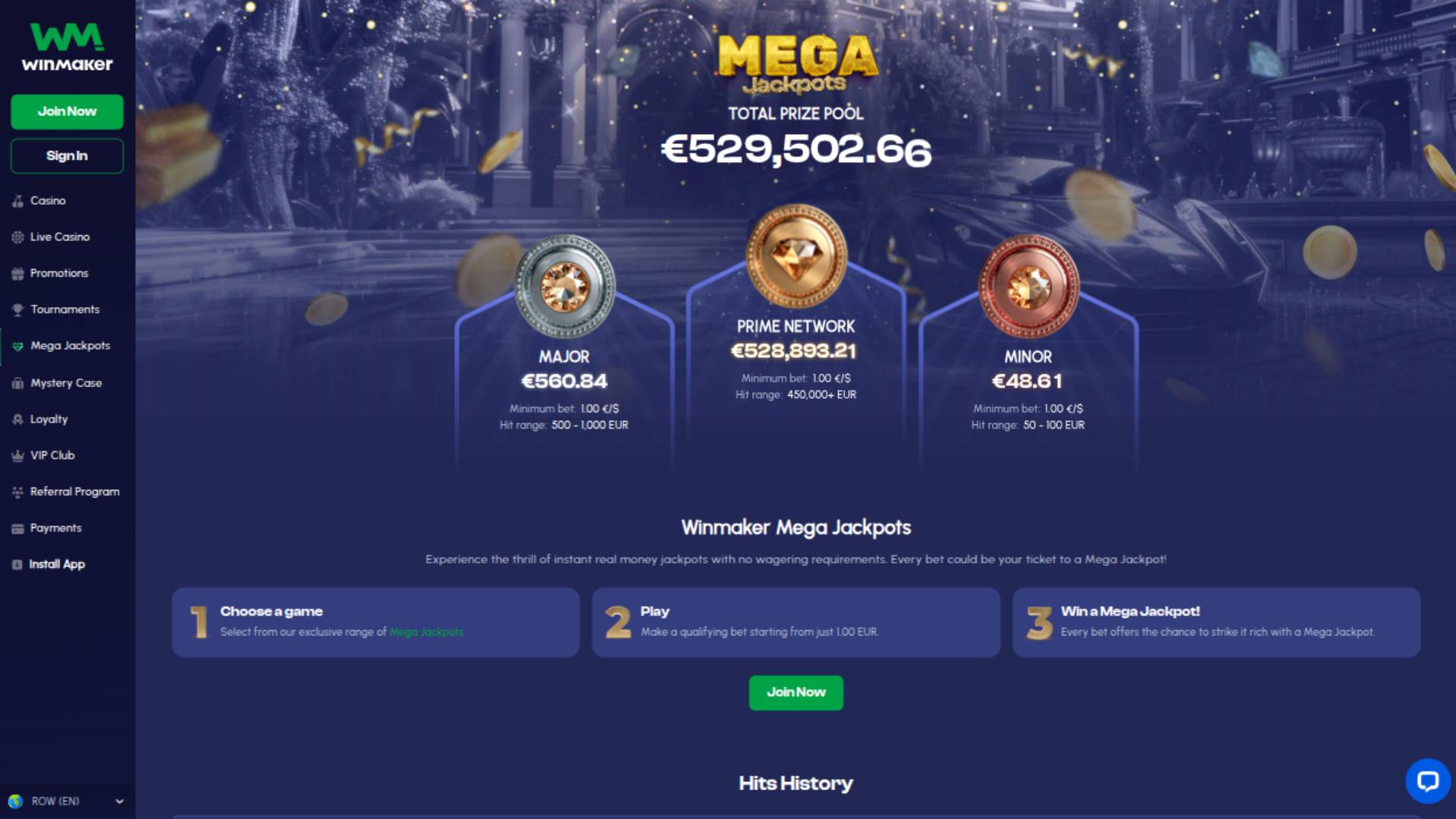 Jackpot page screenshot of Winmaker Casino 