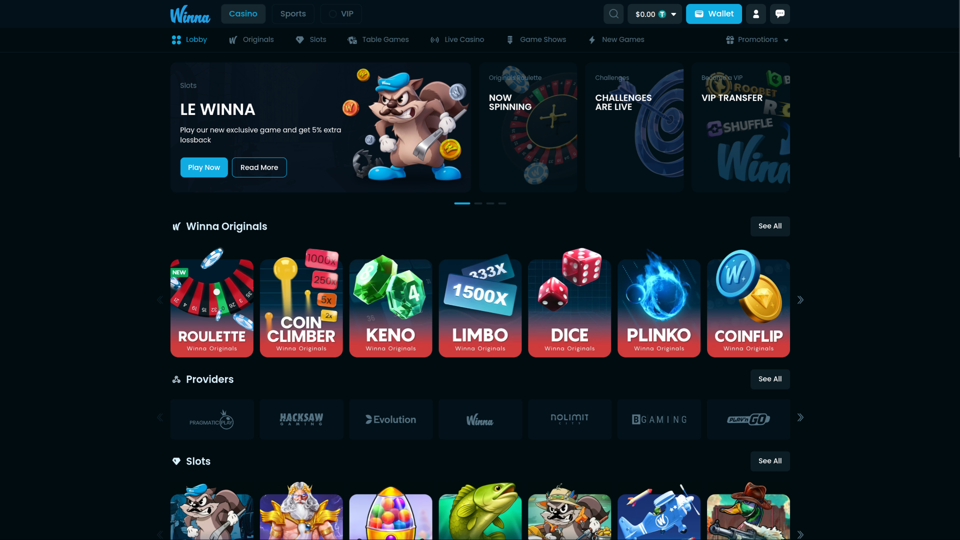 Winna Casino Desktop Homepage