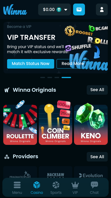 Winna Casino Mobile Homepage