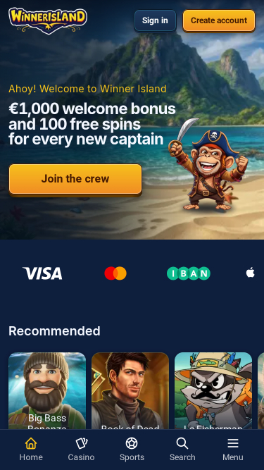 Winner Island Casino Mobile Homepage