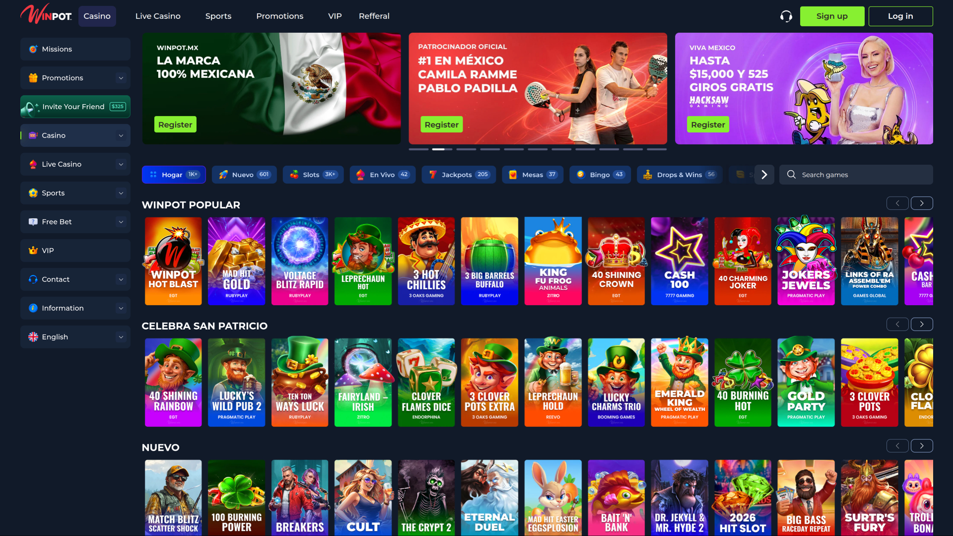 WinPot Casino Desktop Homepage