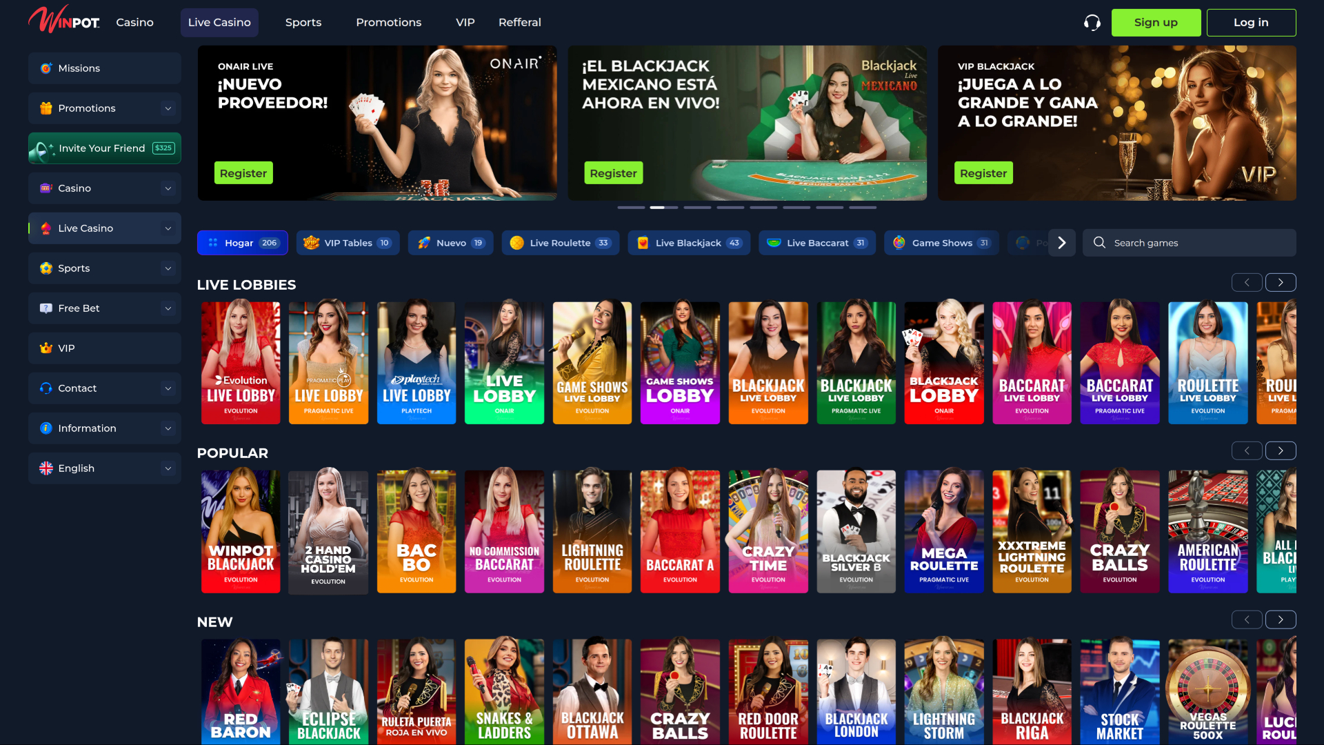 WinPot Casino Desktop Live dealer