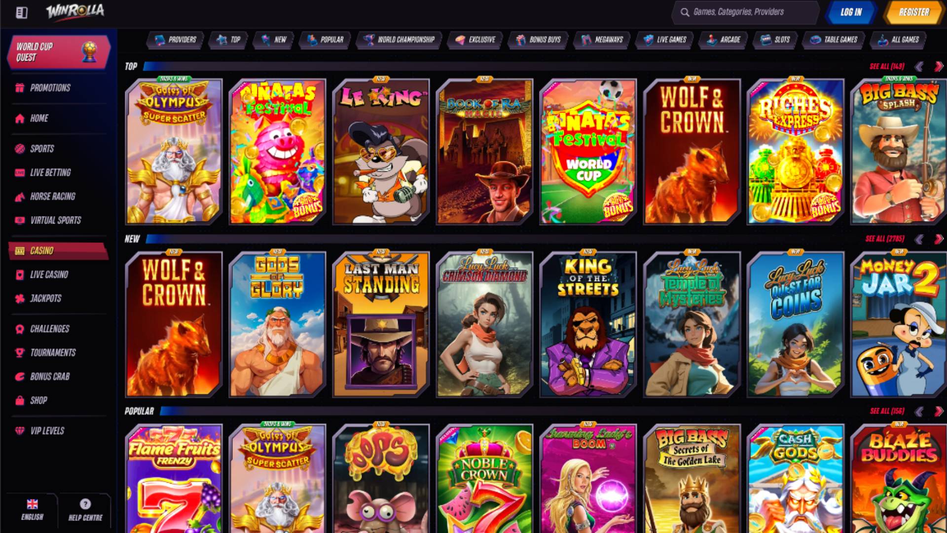 Games page screenshot of WinRolla Casino 