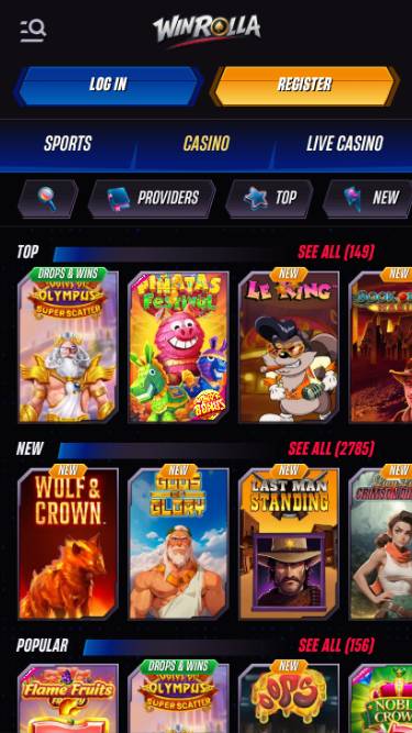 Games mobile page screenshot of WinRolla Casino 