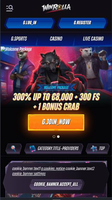 Homepage mobile screenshot of WinRolla Casino 