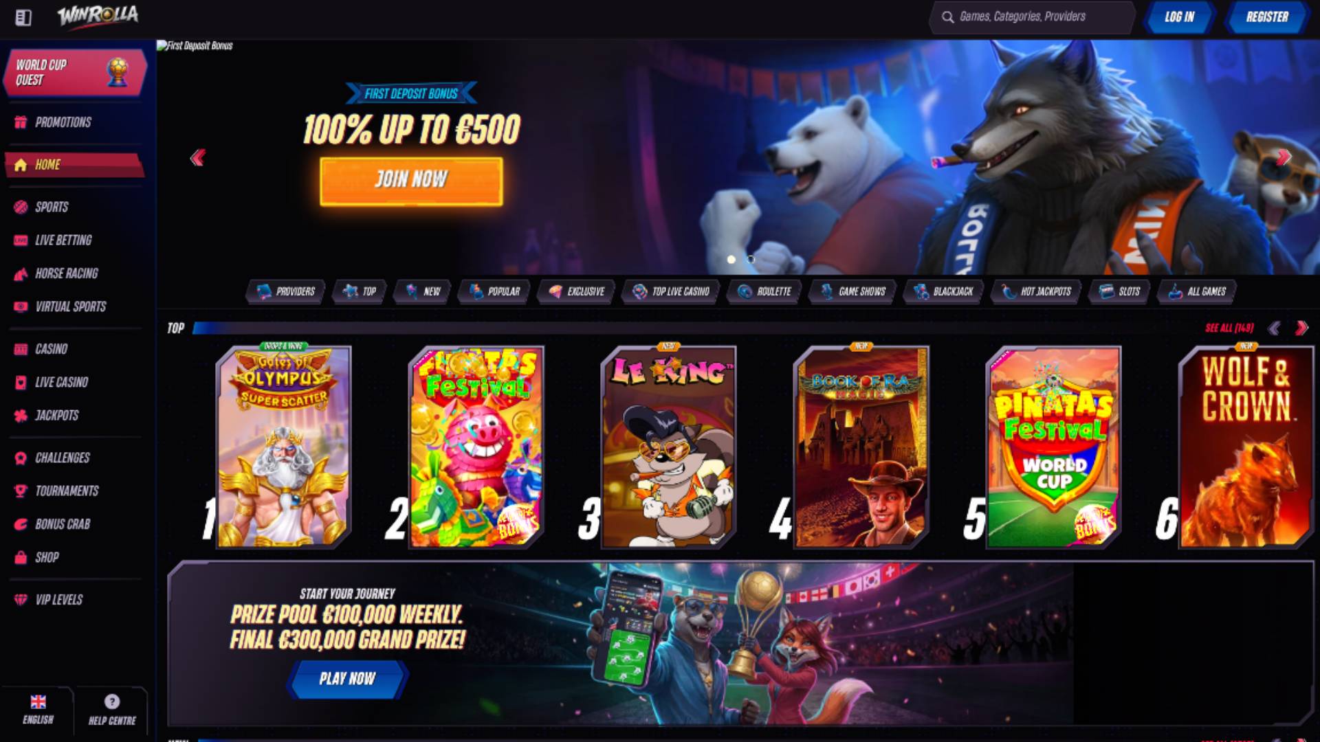 Homepage screenshot of WinRolla Casino 