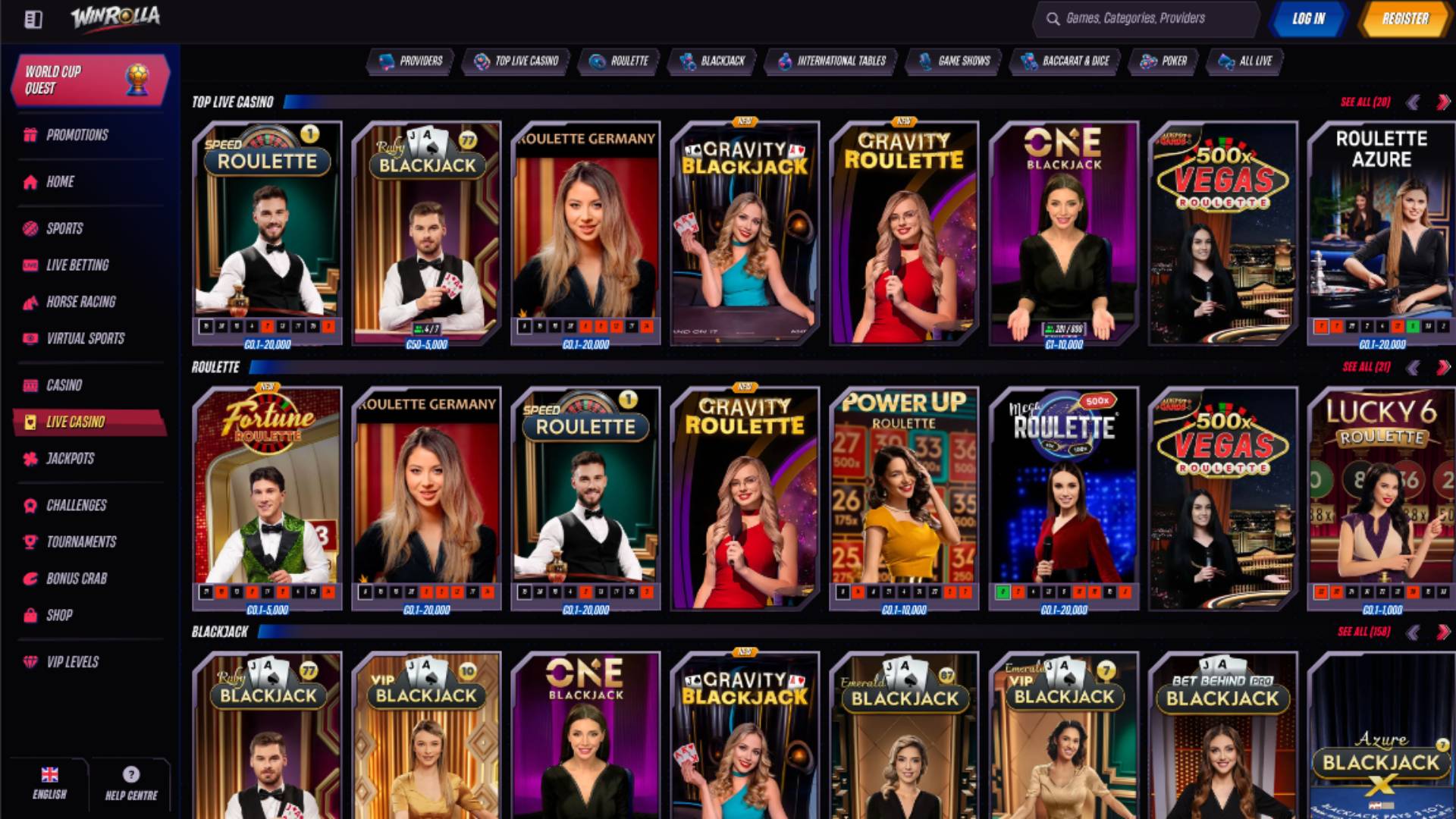 Live page screenshot of WinRolla Casino 