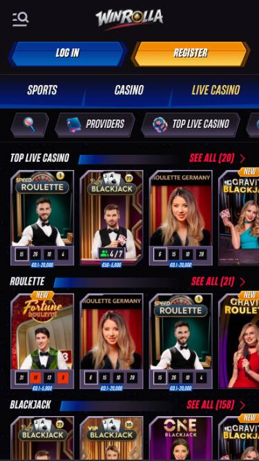 Live mobile page screenshot of WinRolla Casino 