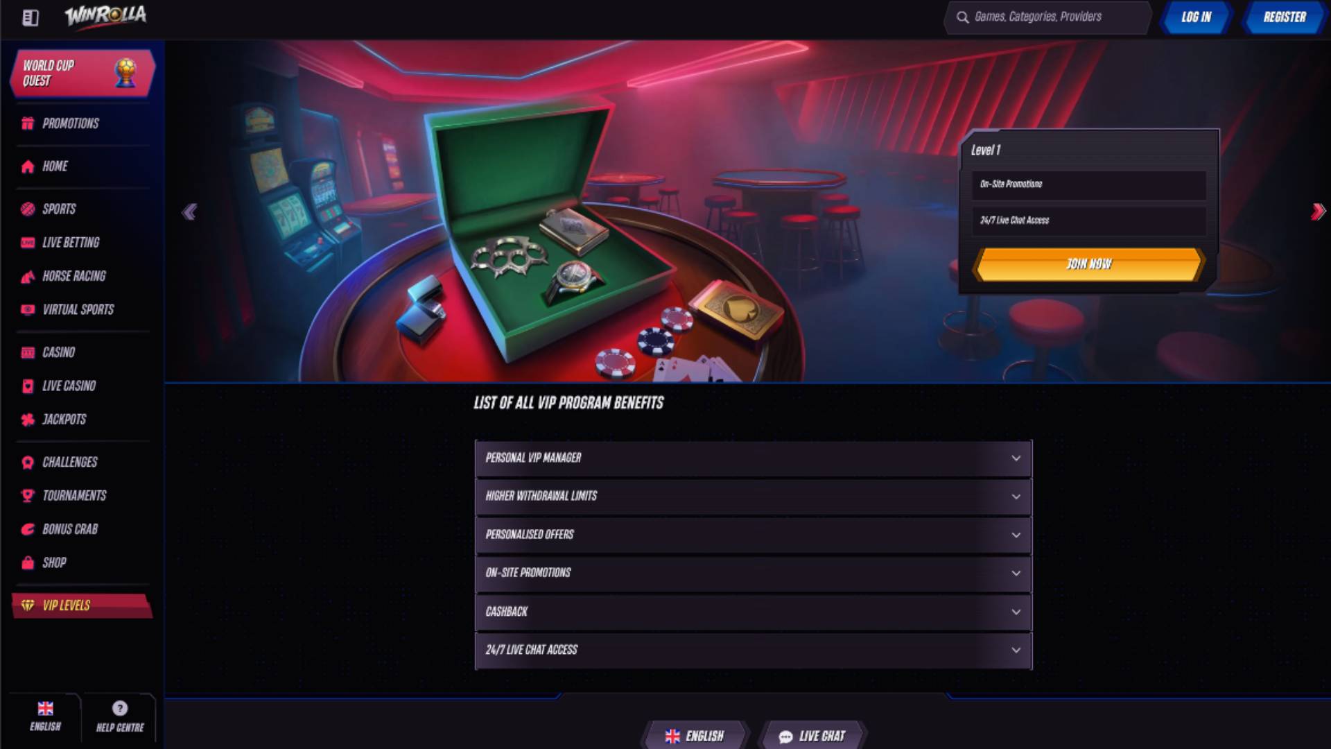 VIP page screenshot of WinRolla Casino 