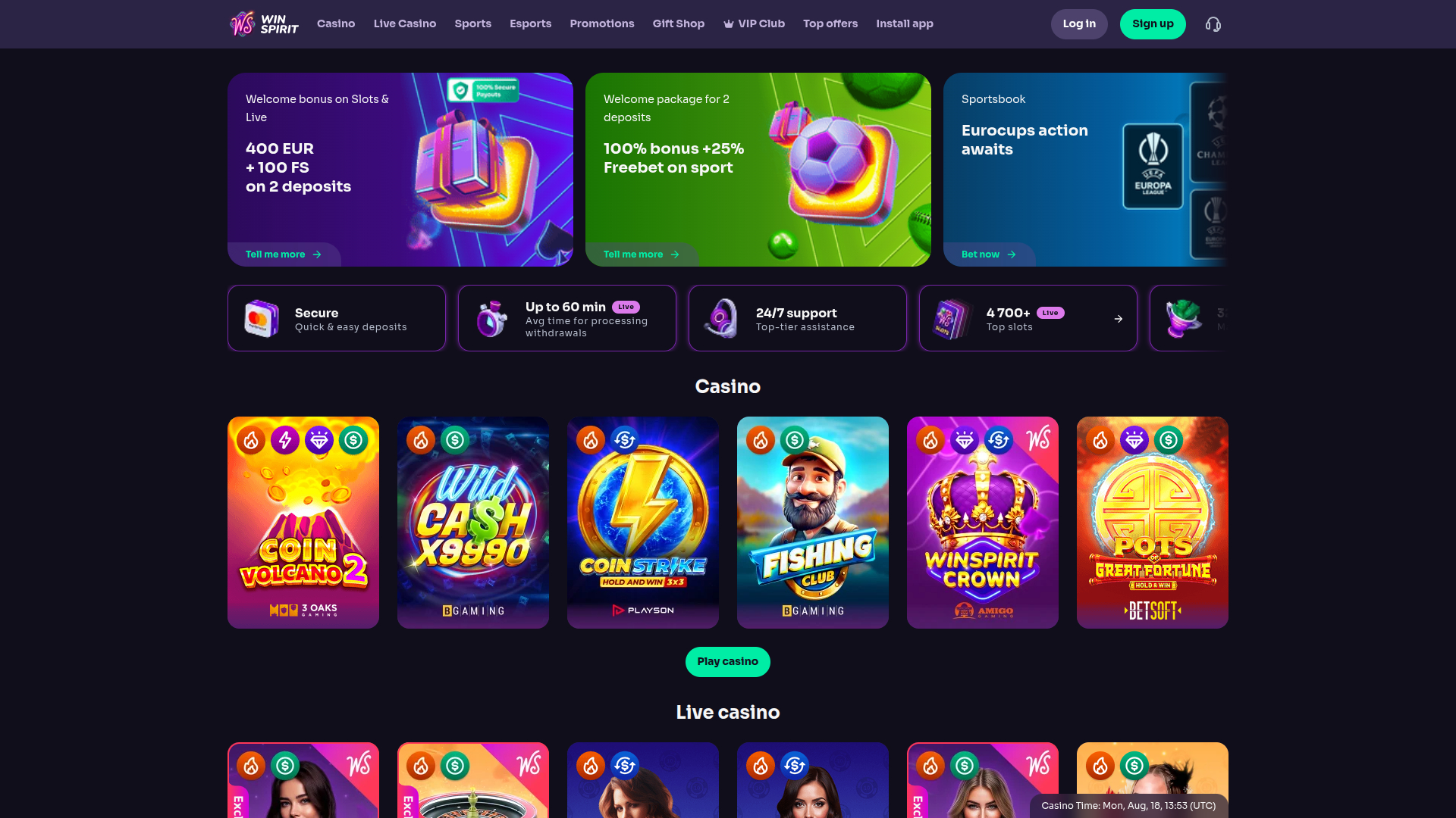WinSpirit Casino Desktop Homepage