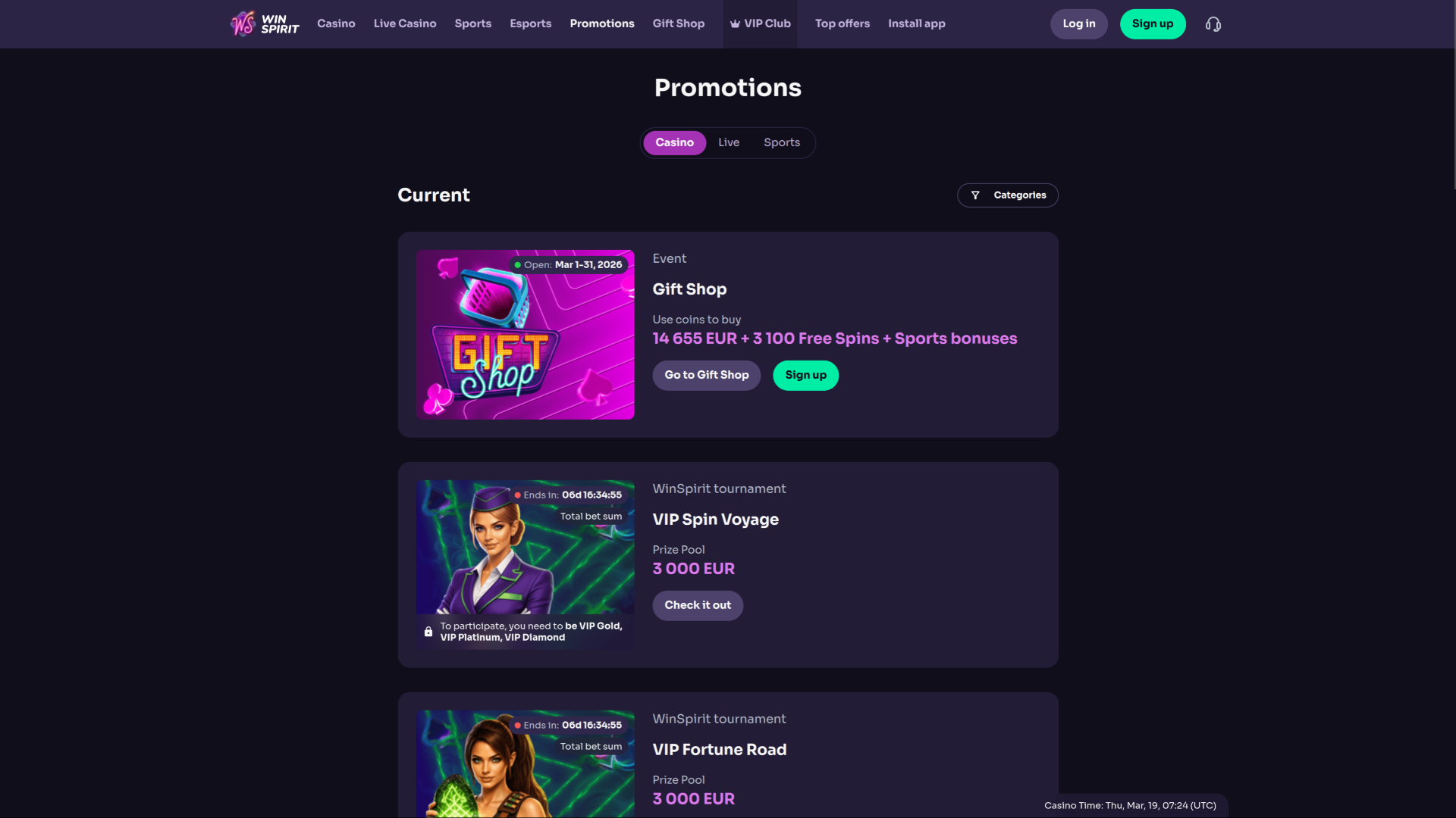 WinSpirit Casino Desktop Promotions