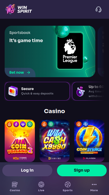 WinSpirit Casino Mobile Homepage