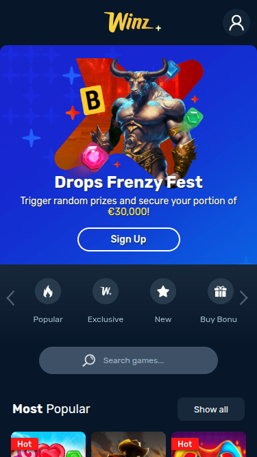 Winz Casino Mobile Homepage