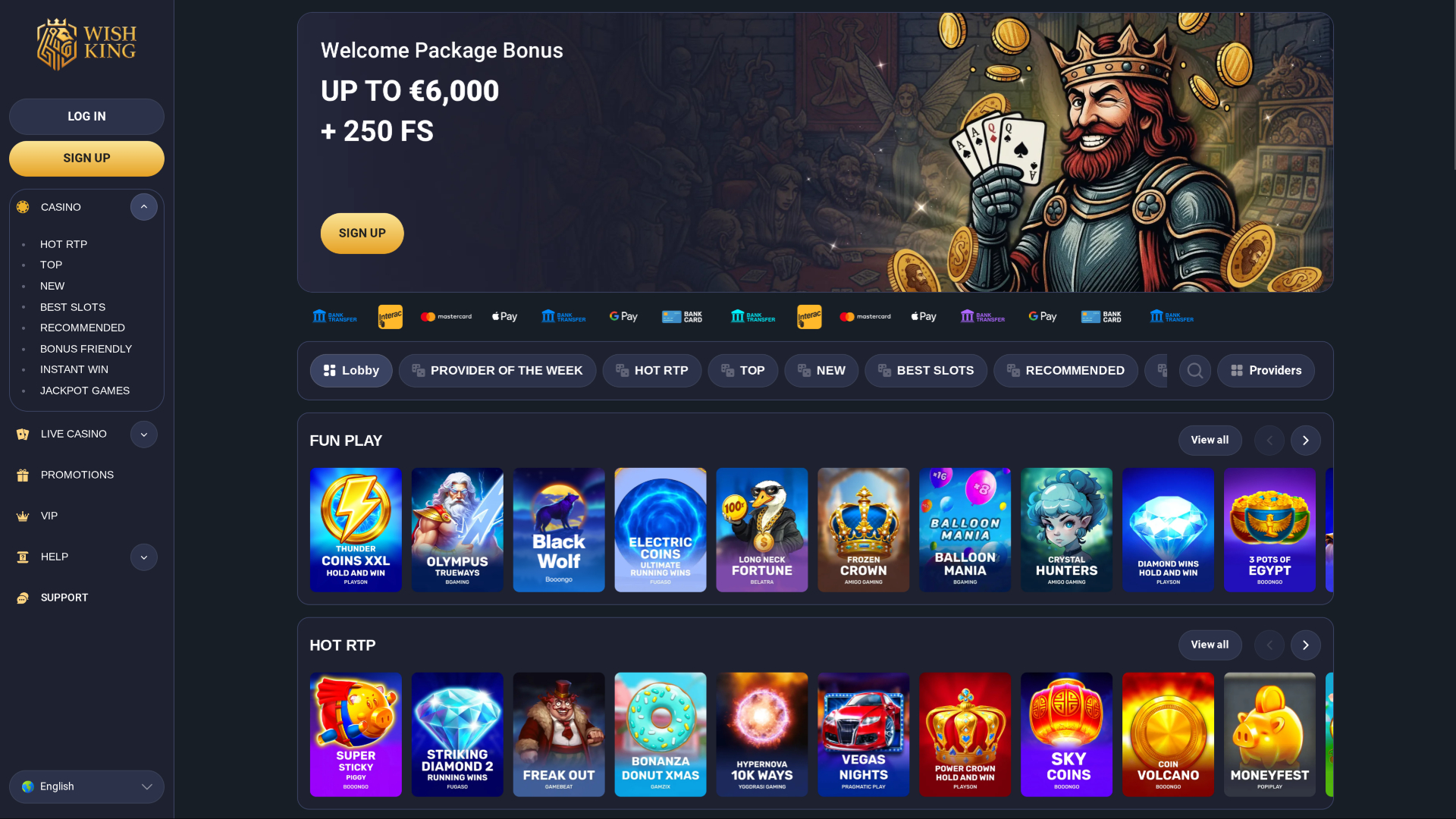 WIshking Casino Desktop Homepage