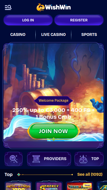WishWin Casino Mobile Homepage