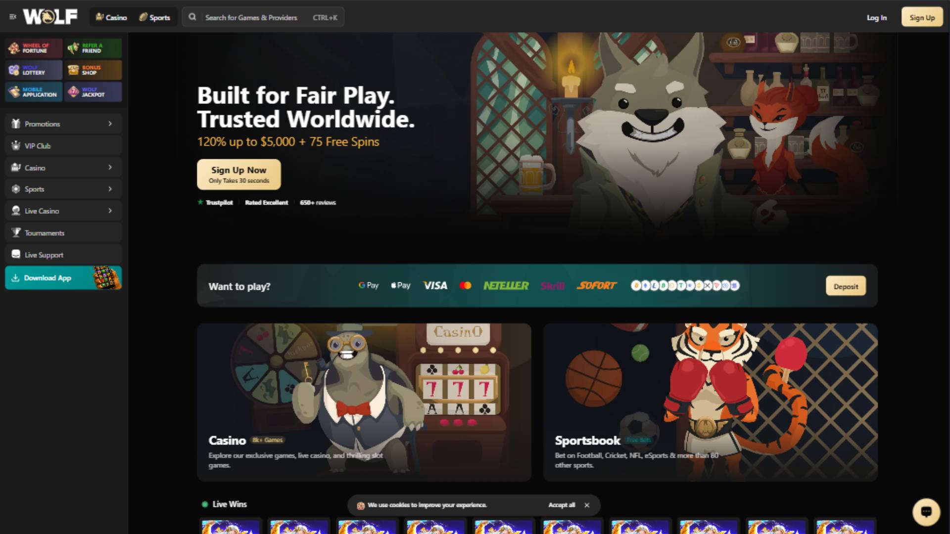 Homepage screenshot of Wolf.io Casino