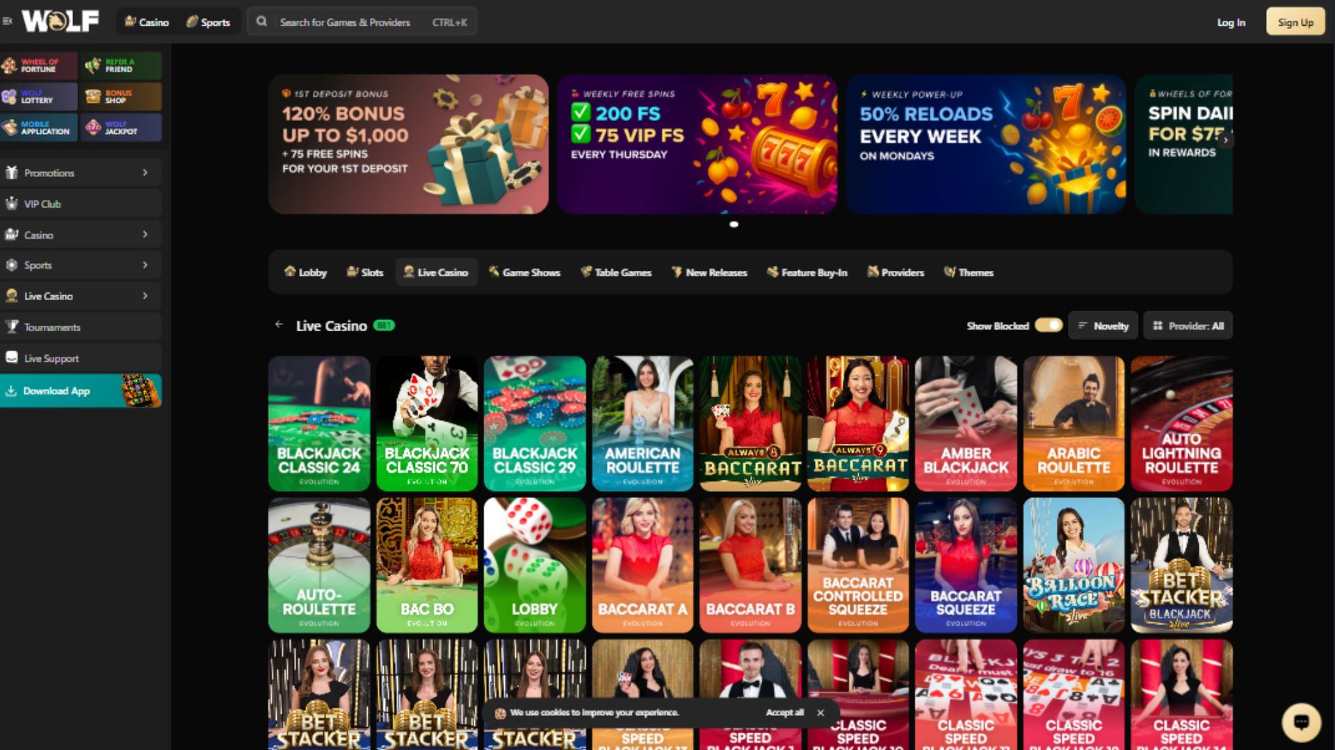 Live page screenshot of Wolf.io Casino