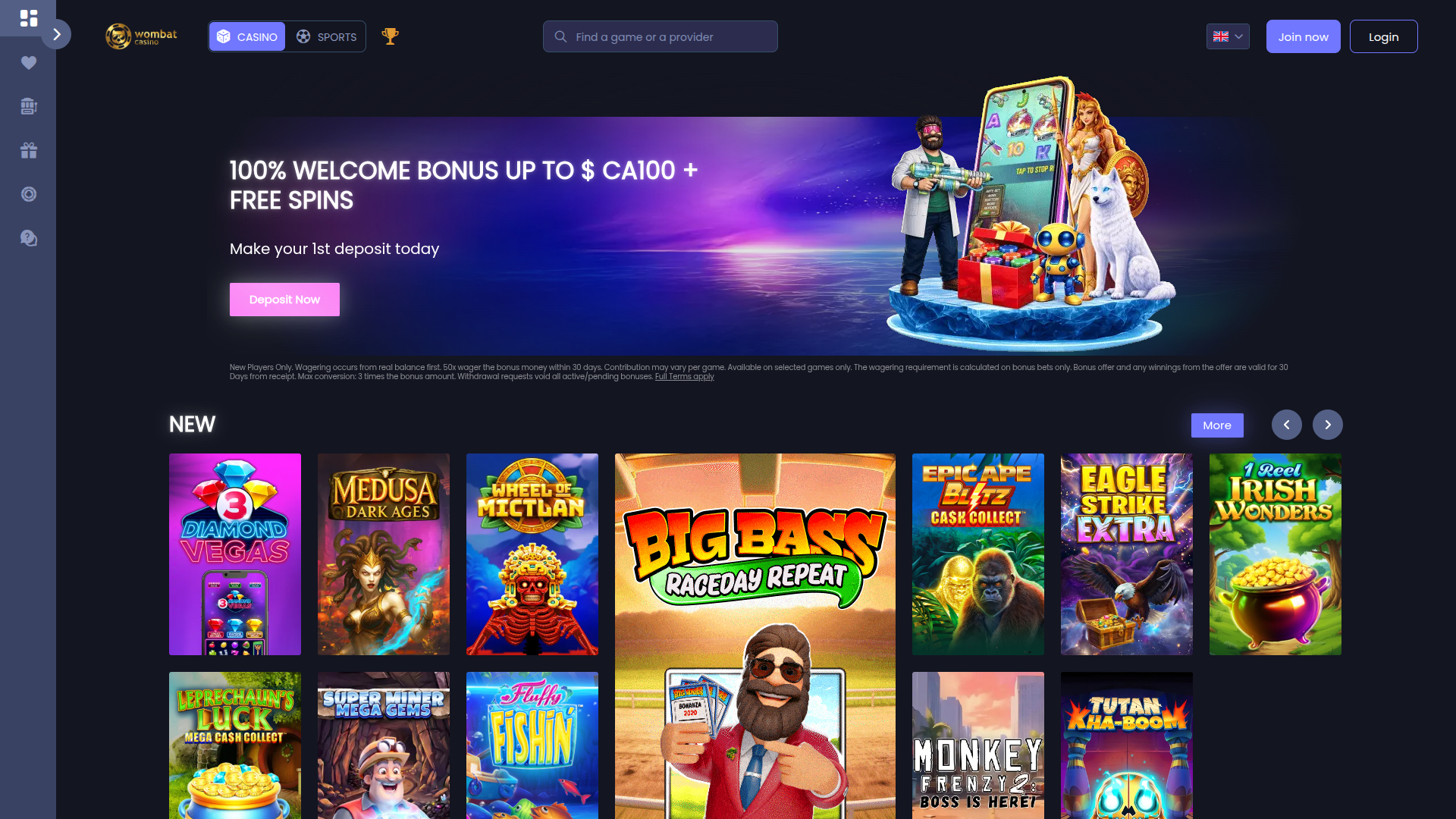 Wombat Casino Desktop Homepage