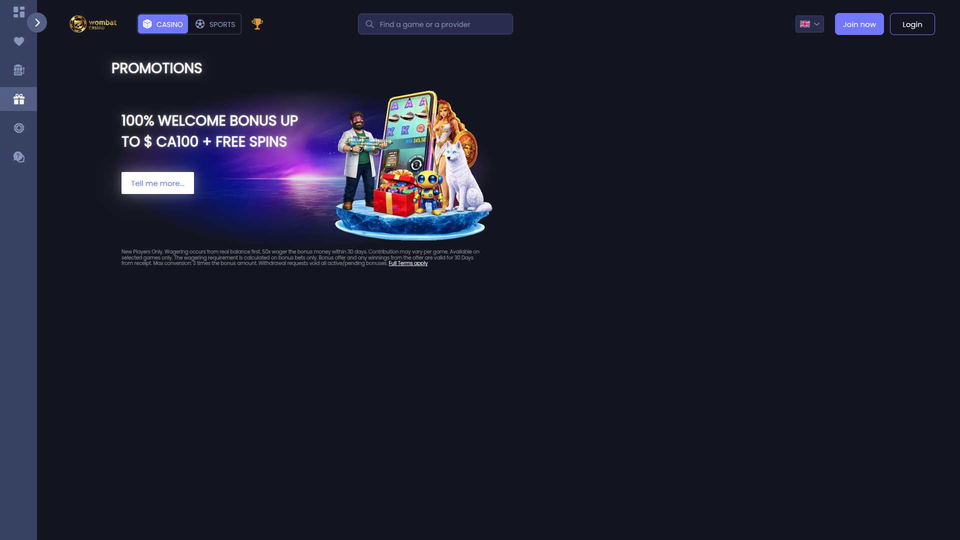 Wombat Casino Desktop Promotions