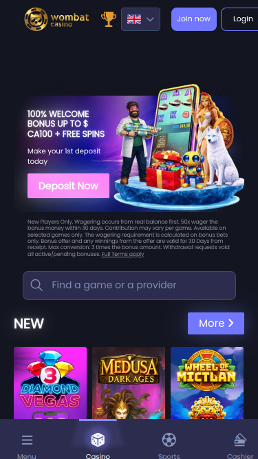 Wombat Casino Mobile Homepage