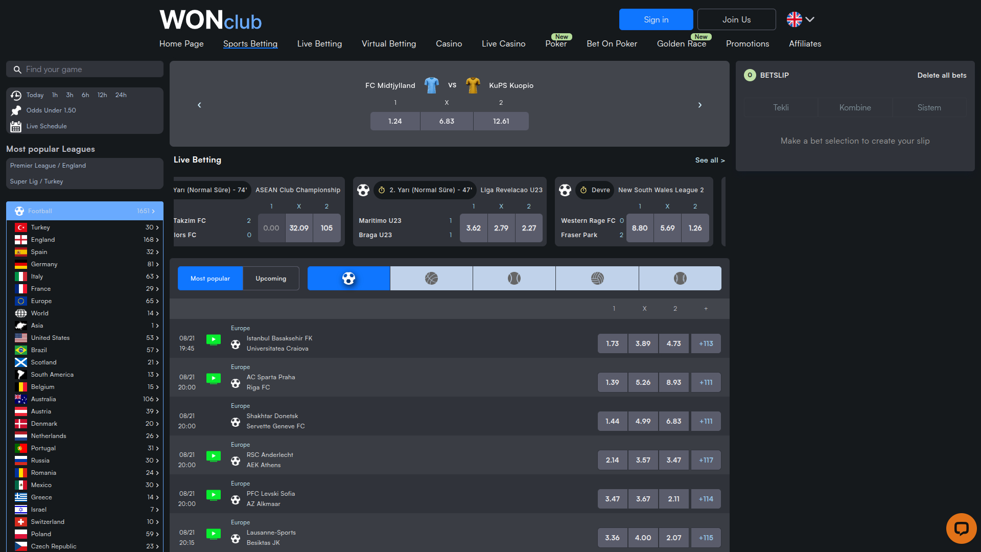 WONClub Casino Desktop Sports