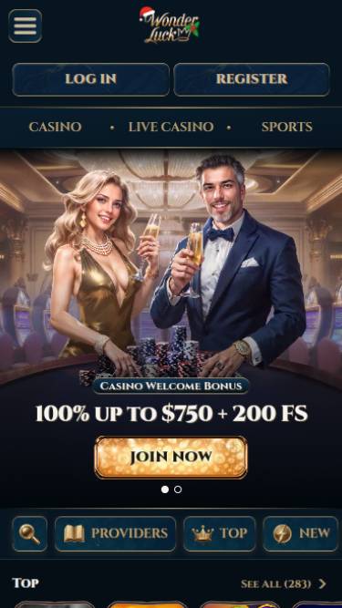 Homepage mobile screenshot of WonderLuck Casino