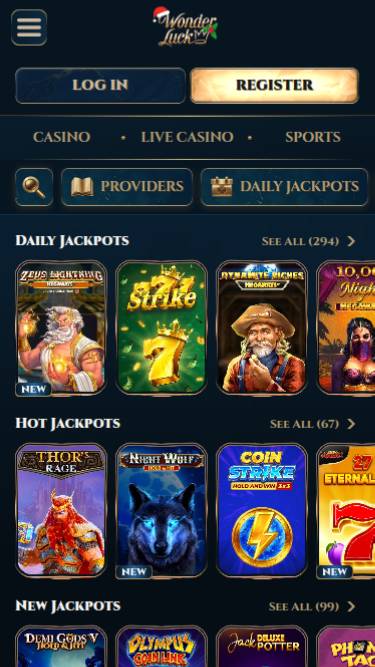 Jackpot mobile page screenshot of WonderLuck Casino