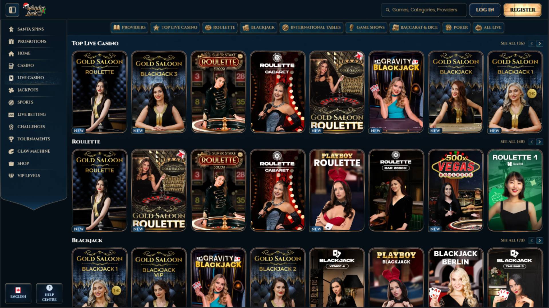 Live page screenshot of WonderLuck Casino