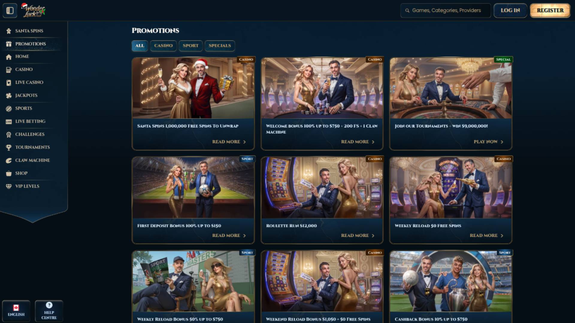 Promotions page screenshot of Wonderluck Casino