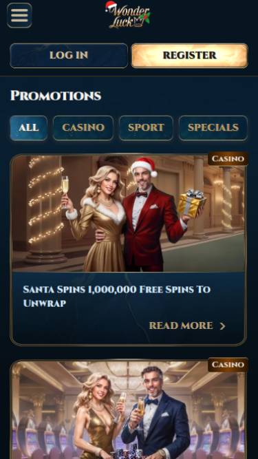 Promotions mobile page screenshot of Wonderluck Casino