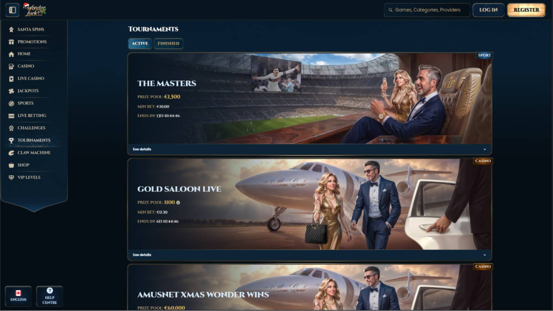 Tournaments page screenshot of WonderLuck Casino