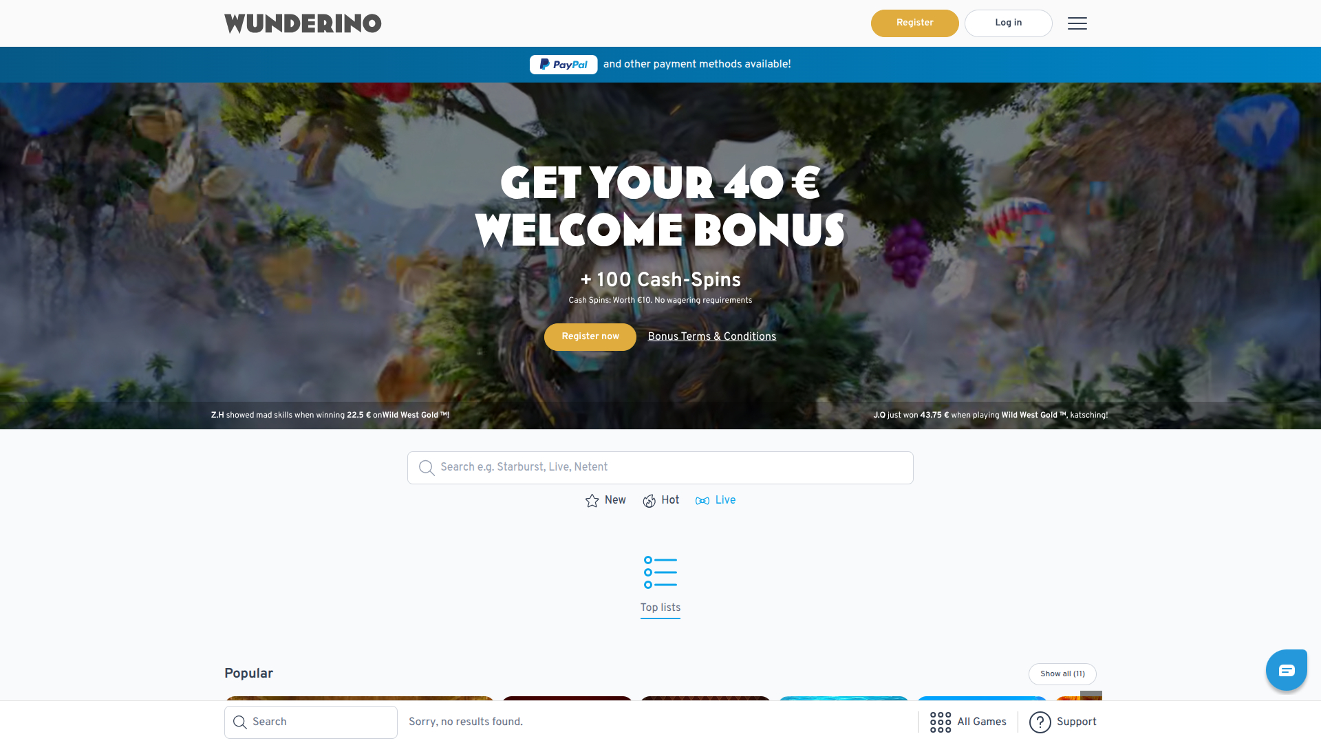 Wunderino Casino Desktop-Startseite
