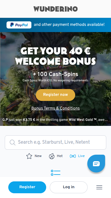 Wunderino Casino Mobile-Startseite